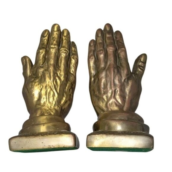 Praying Hands Brass Bookends By Gossa 8" Tall Pair Vintage Home Office Decor - Picture 5 of 15
